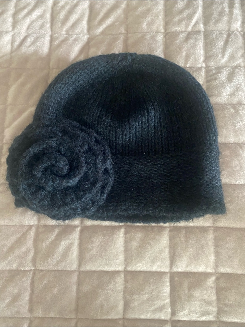 Black Knit Flower Beanie - Women Accessories